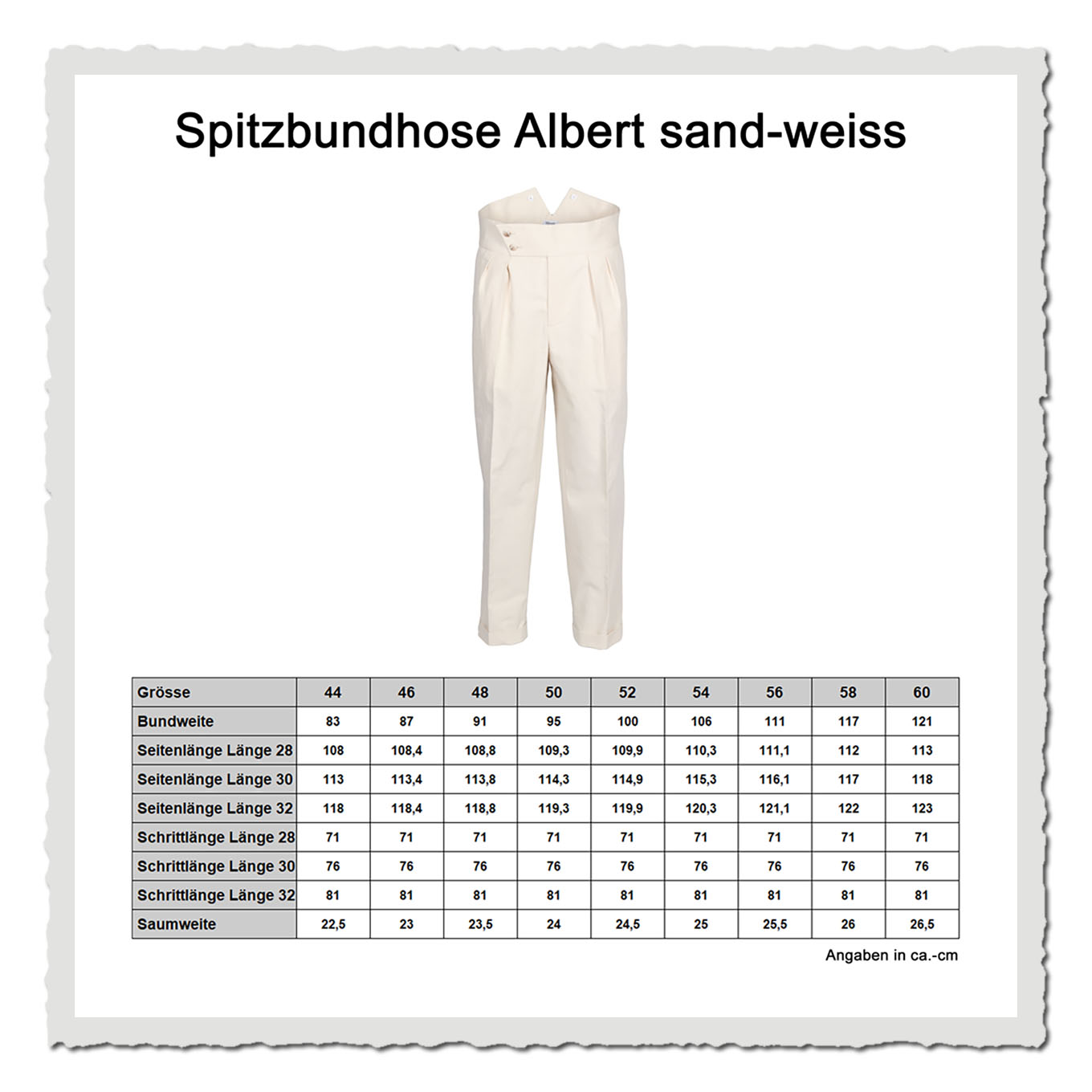 Maßtabelle mit Hose, Größenangaben und Zahlenwerten auf hellgrauem Hintergrund.